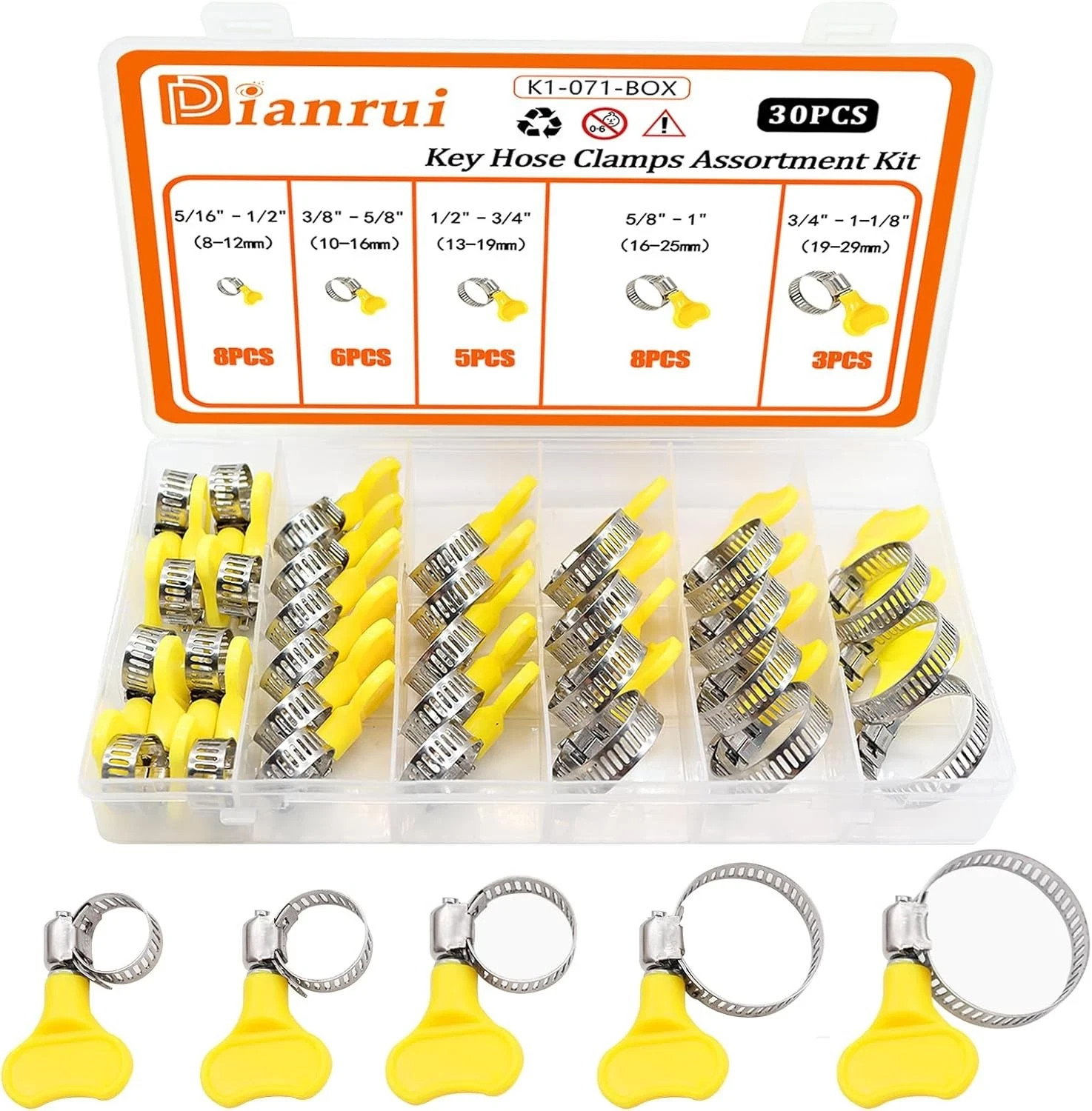 Dianrui 30 PCS Thumb Screw Hose Clamps Assortment Kit 5/16″-1-1/8″8-29mm Key-…