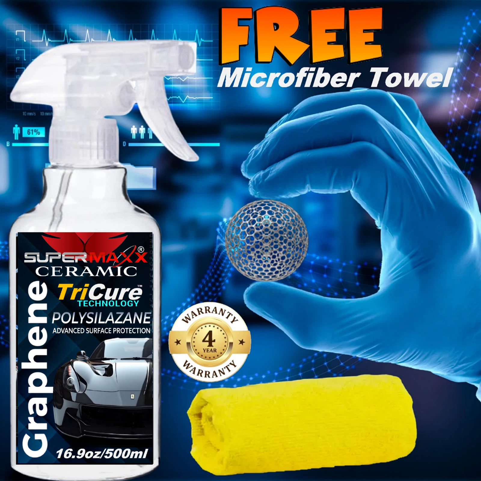 CERAMIC CAR COATING SPRAY GRAPHENE 4 YR PAINT PROTECTION – 16.9oz/500ml KIT