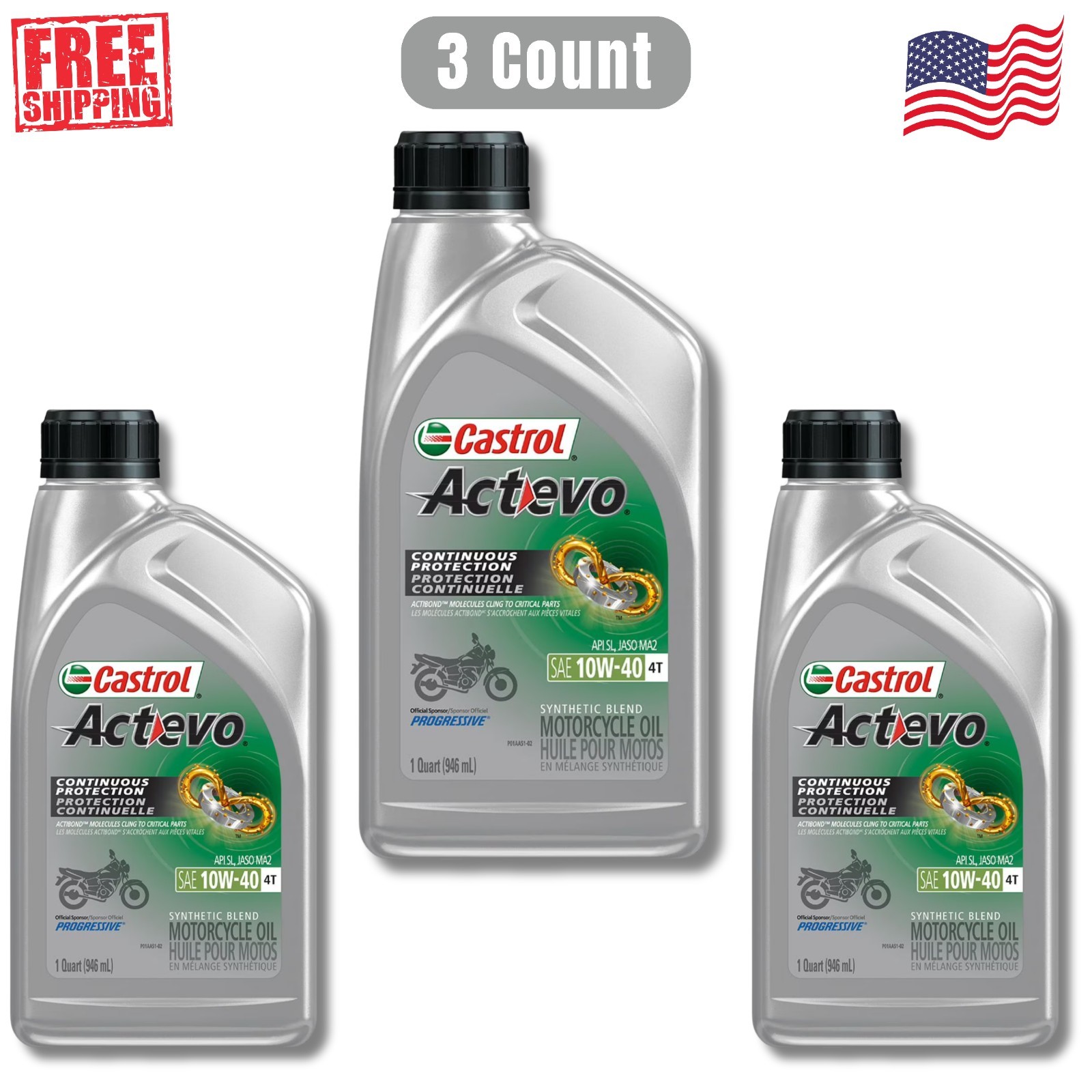 (3 pack) Castrol Actevo 4T 10W-40 Part Synthetic Motorcycle Oil, 1 Quart –
