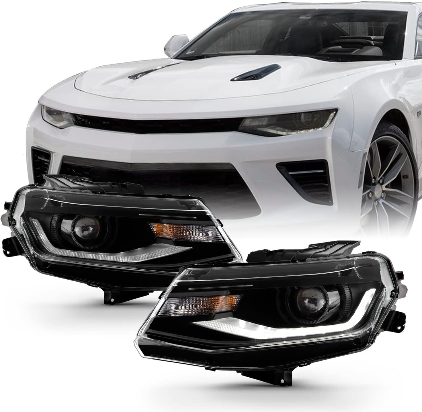 Pair Headlights w/LED DRL HID/Xenon Black Projector Fits 2016-2022 Chevy Camaro