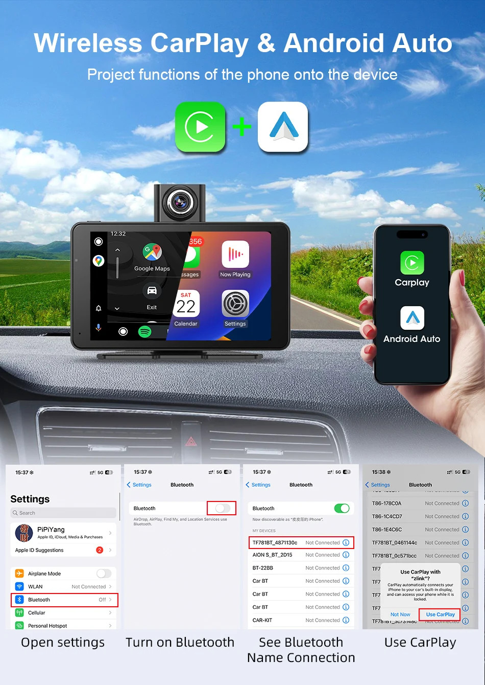 7″ Dash Cam 2.5K DVR Rearview Camera Wireless Carplay&Android GPS Navigation