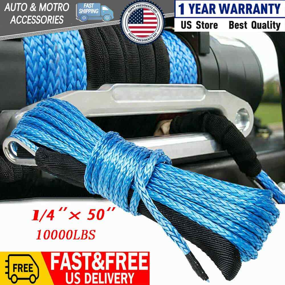 1/4” x 50ft 10000LBS Synthetic Fiber Winch Rope Line Cable with Sleeve Blue