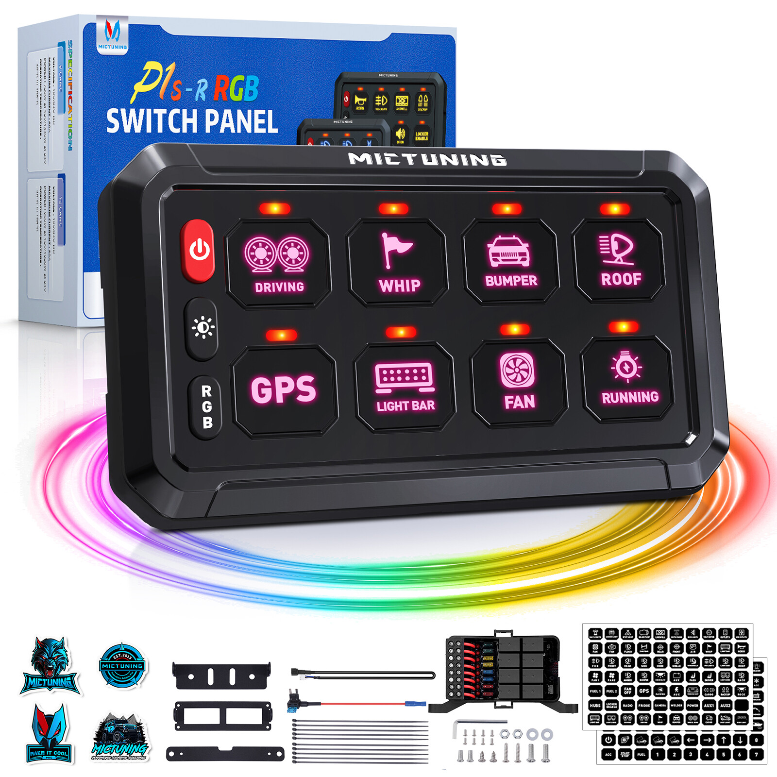 MICTUNING Upgrade P1S RGB 8 Gang Switch Panel Light Bar Electronic Relay 12V/24V