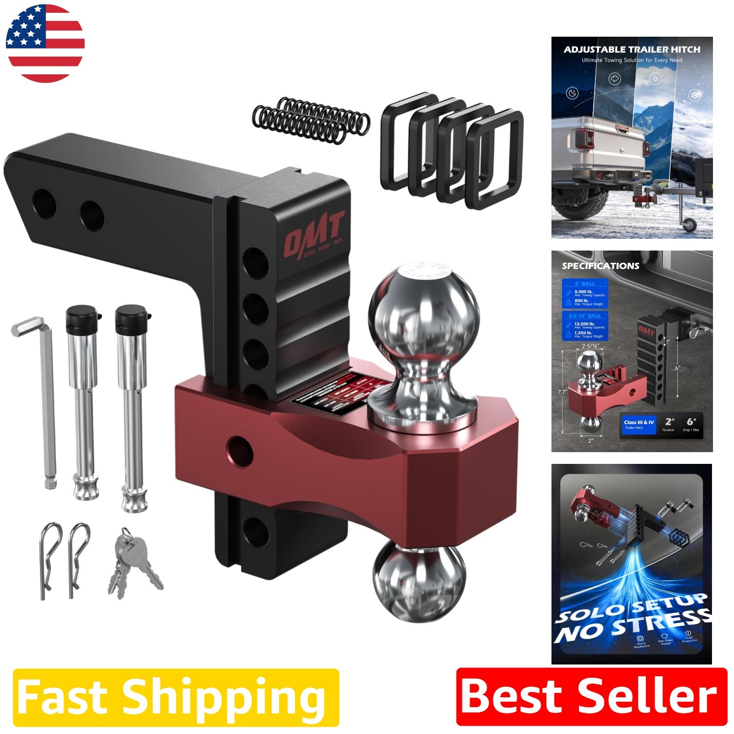 Adjustable Hitch 2″ Receiver 6″ Drop/Rise Dual Ball 8000-12500 Lb GTW