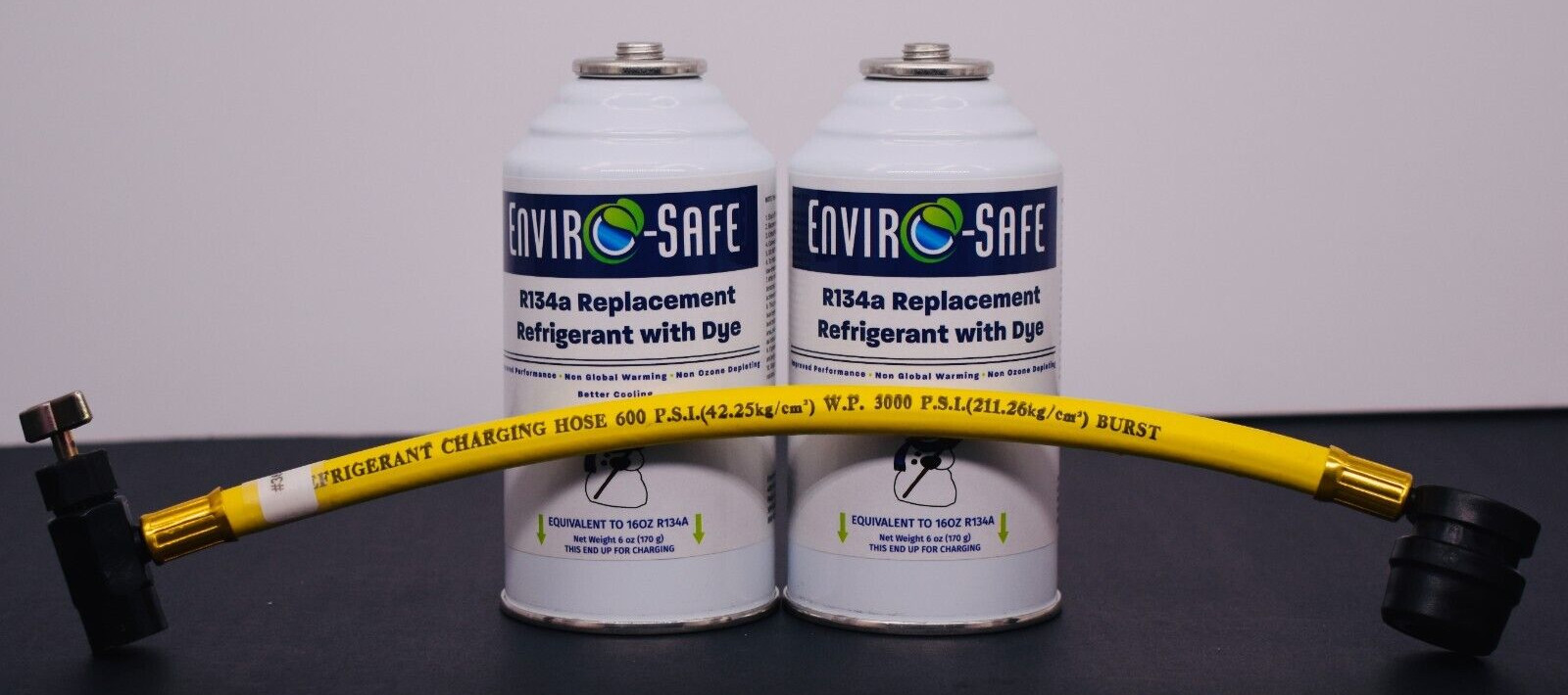 R134a Replacement Refrigerant with dye, 2 CANS, Economy Hose.