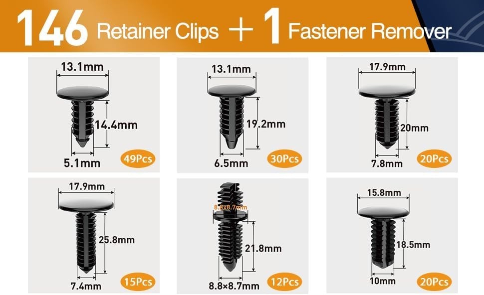 Comprehensive 146PCS Nylon Bumper Shield Retainer Clip Assortment with Remover