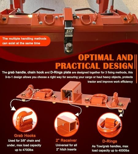 Compact Tractor Grab Hooks with D Rings & 2″ Receiver – Heavy Duty Orange Grabbe