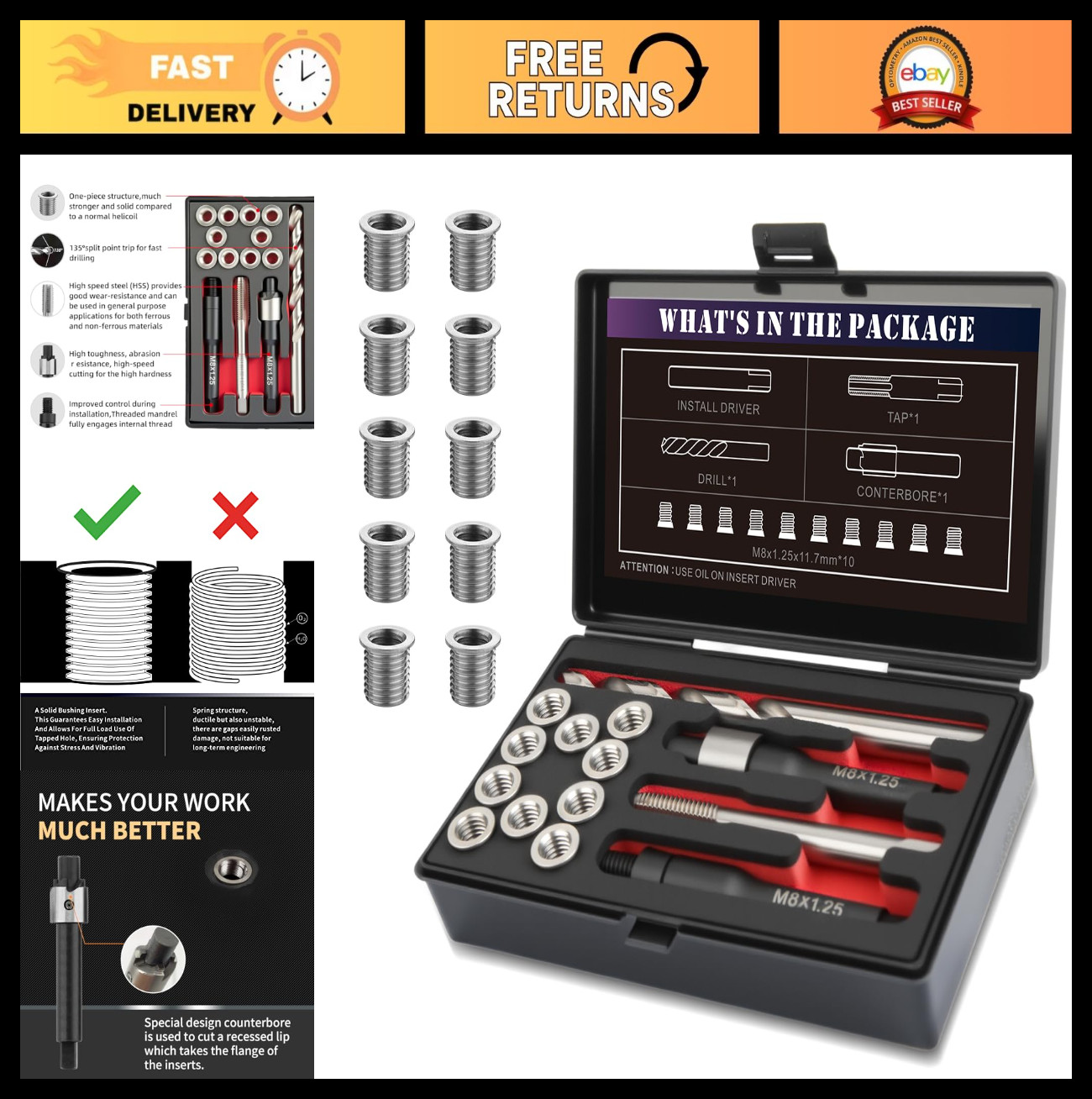 M8x1.25 Thread Repair Kit – 10pcs Stainless Steel Inserts, HSS Drill & Tap Set