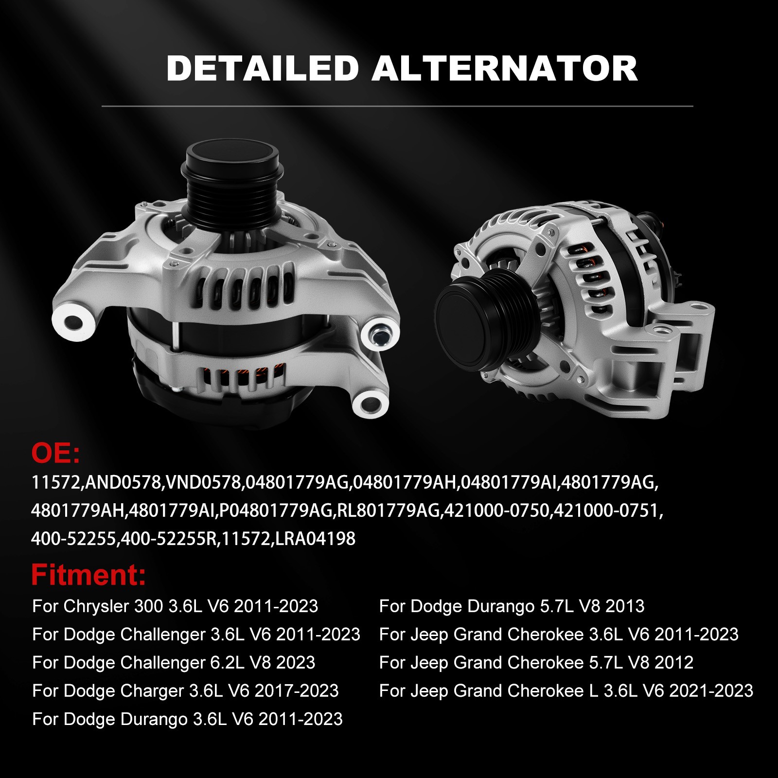 Alternator For Dodge Challenger Charger 2011-2016 V6 3.6L 11572 421000-0750
