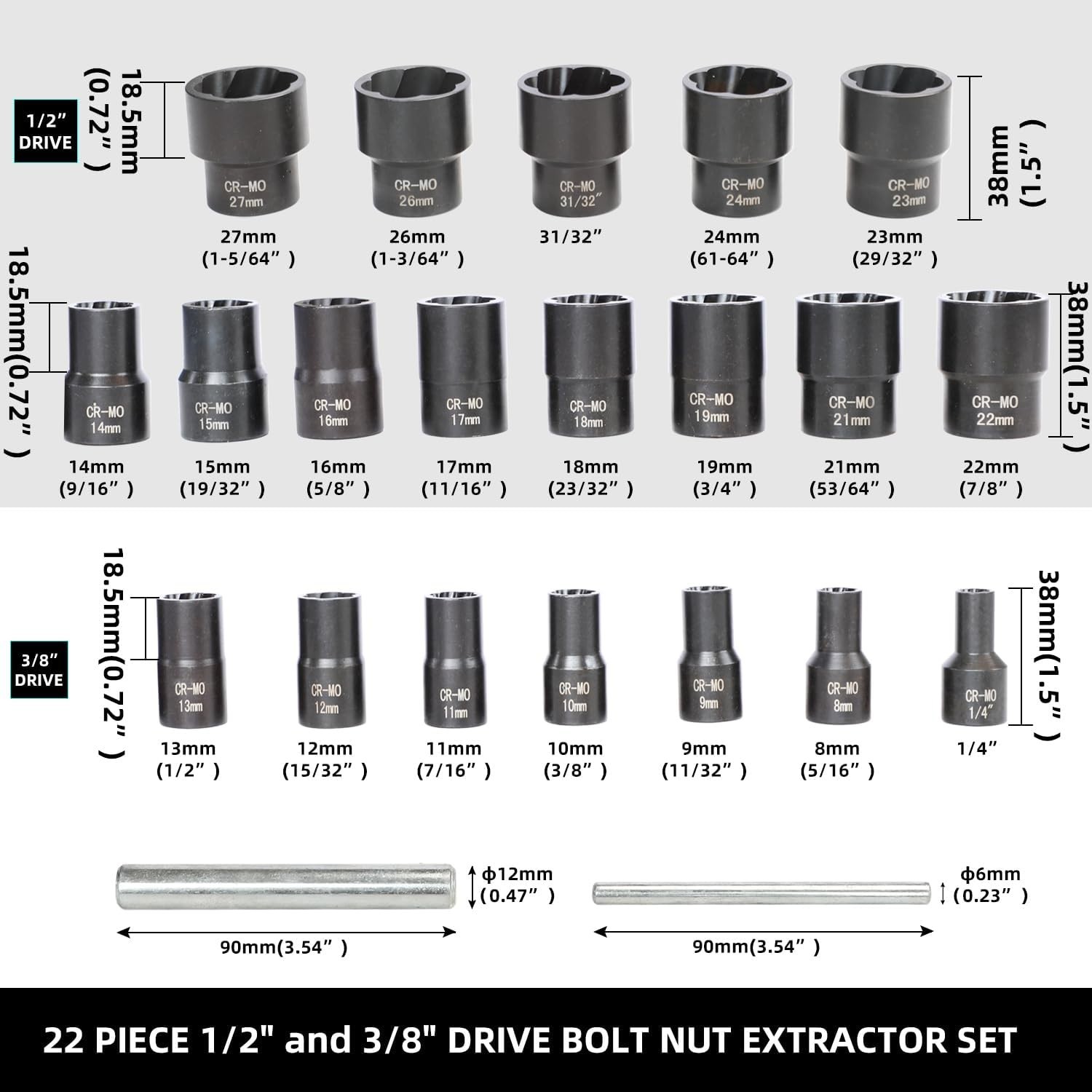 DPTOOL 22 Piece Bolt Nut Extractor Set, 1/2″ and 3/8″ Drive Impact Lug Nut