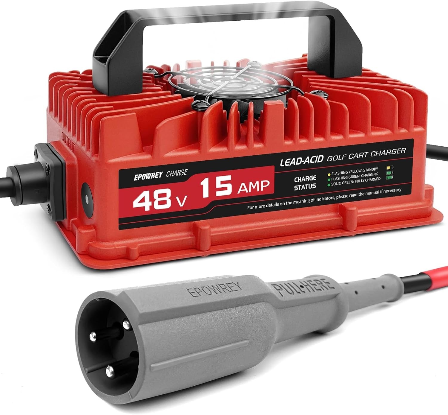 EPOWERY 15 AMP 48 VOLT GOLF CART CHARGER 3-PIN ROUND PLUG for LEAD ACID BATTERY