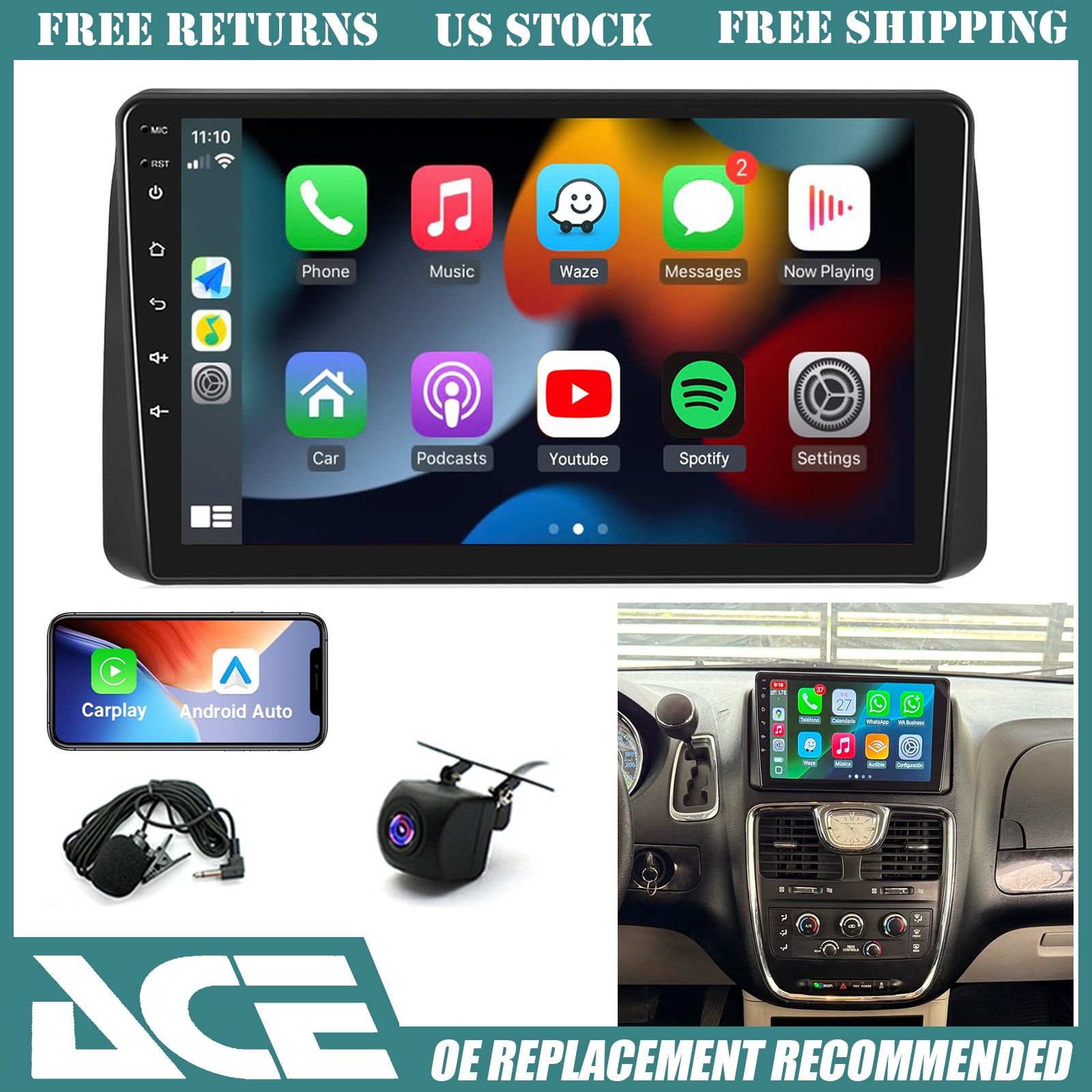 Android 15 In-Car 9-inch CarPlay Android Auto For 11-16 Chrysler Town & Country
