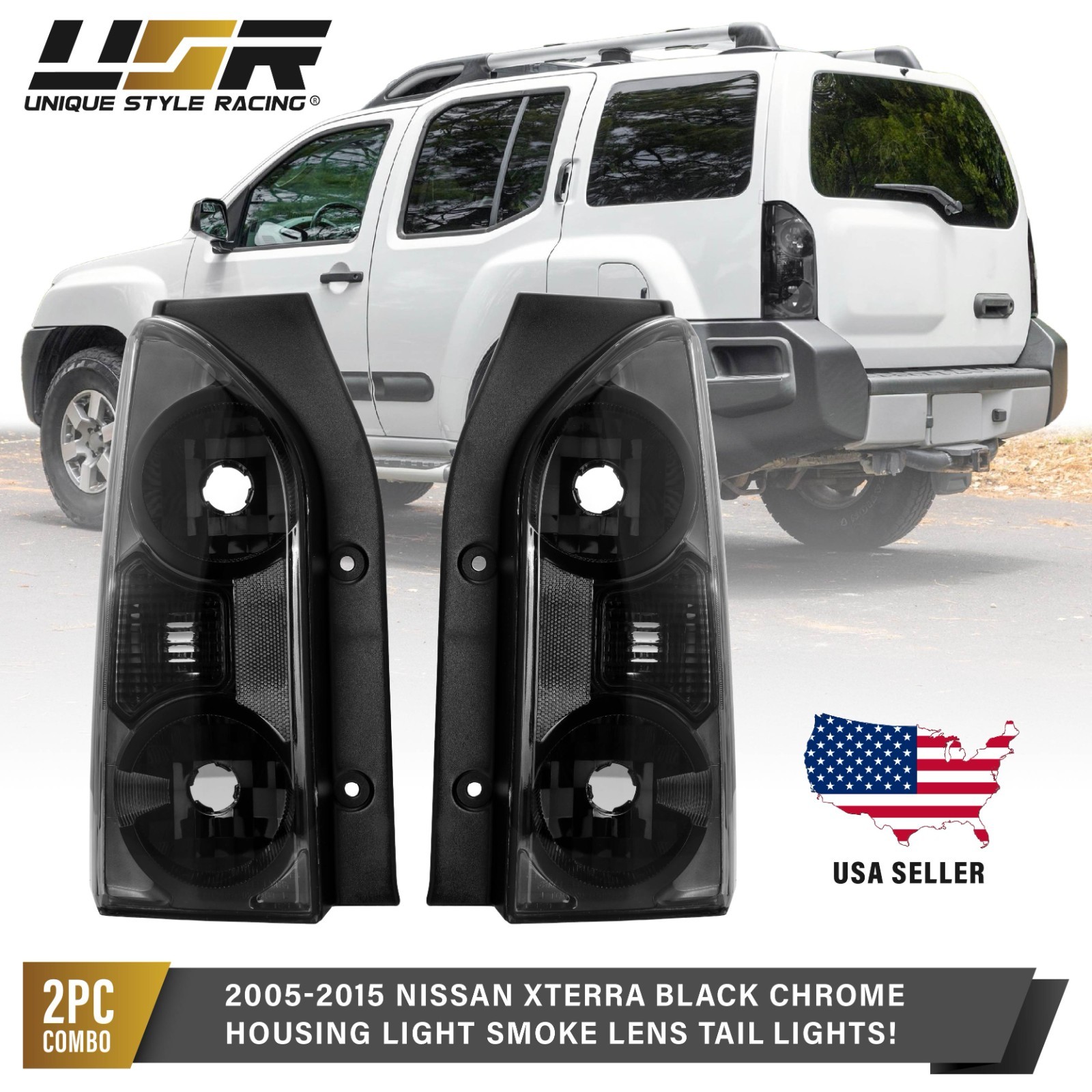Light Smoke Lens Black Chrome Housing Tail Light L+R For 05-15 Nissan Xterra SUV