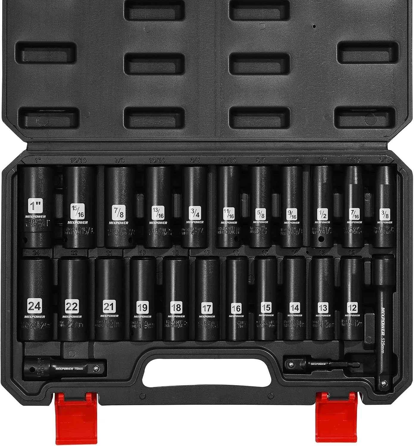 25Pcs 1/2-Inch Drive Deep Impact Socket Set, SAE and Metric,CR-V Steel,with Case