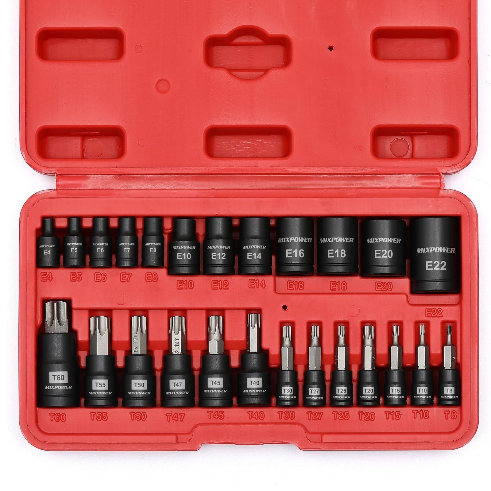 25-Piece Torx Bit & Socket Set, 13 Star Bits (T8-T60), 12 E-Torx Sockets (E4-E22