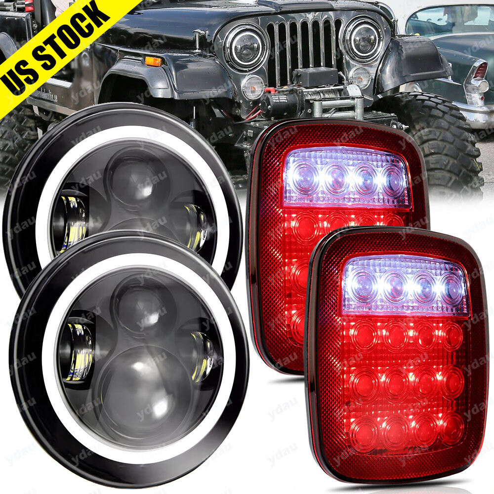 4PCS 7″ 90W LED Headlights Halo Angle Eye DRL & Tail Brake Lights For Jeep CJ TJ