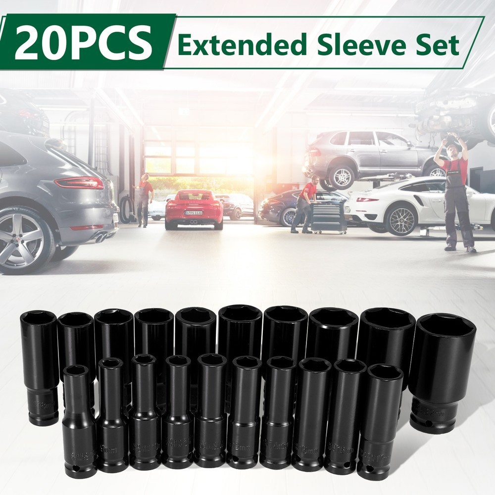 20PCS 1/2Inch Impact Sockets Set Drive Metric 8mm-32mm Deep 6-Point Set w/case