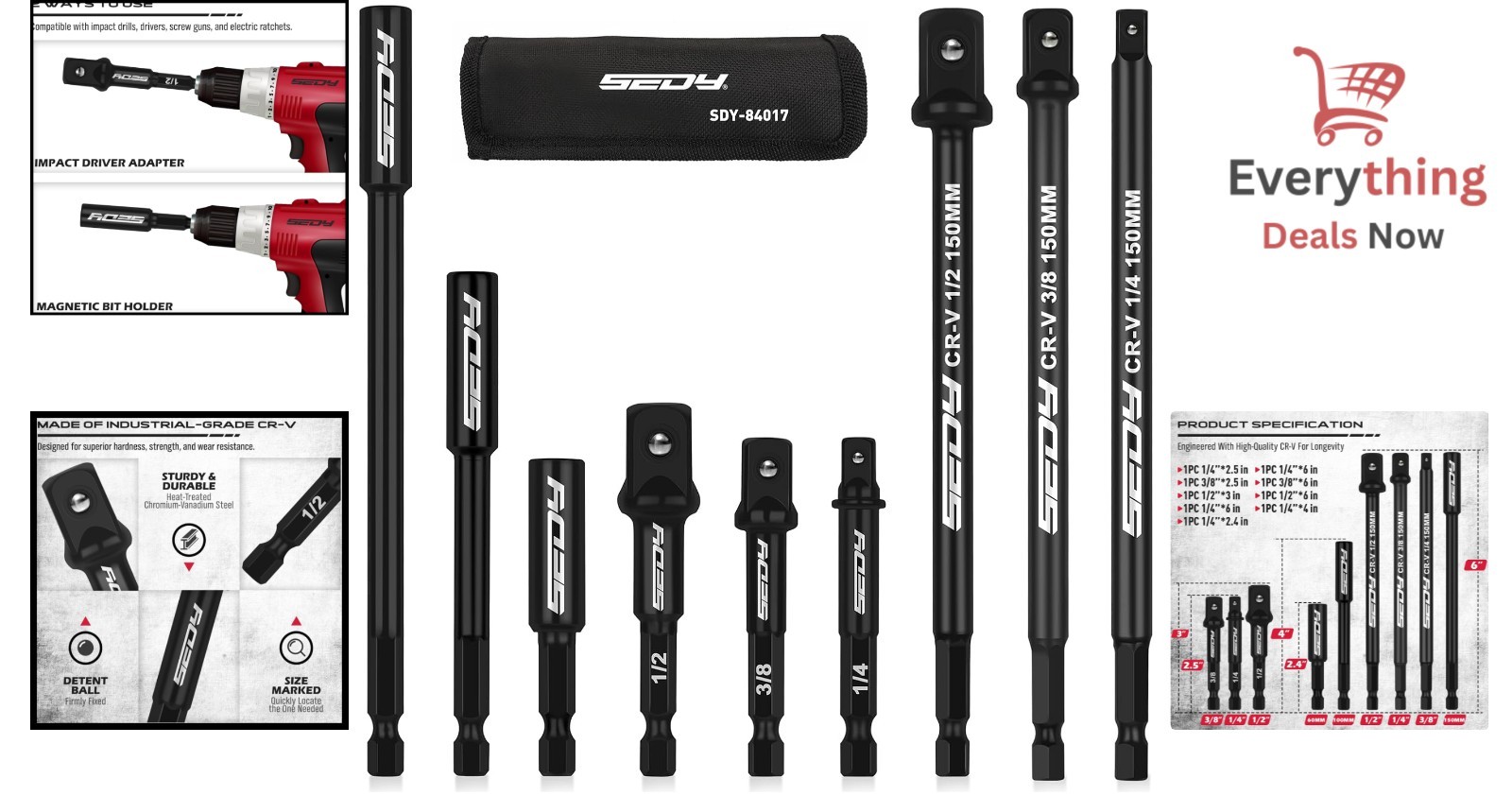 9pc Impact Socket Adapter Set 1/4 3/8 1/2 Hex Shank Drill Bit Extension Driver
