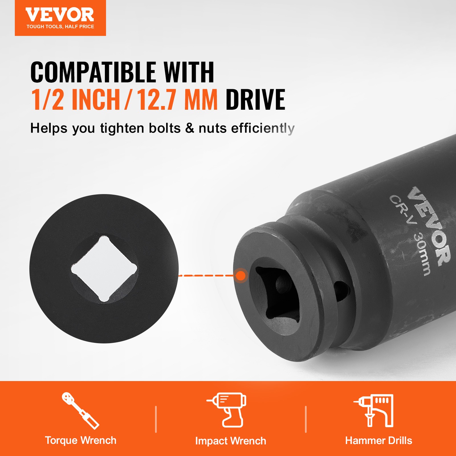 VEVOR Axle Nut Impact Socket Set 1/2″ Drive Deep 6+12-Point 14PCS Metric Socket