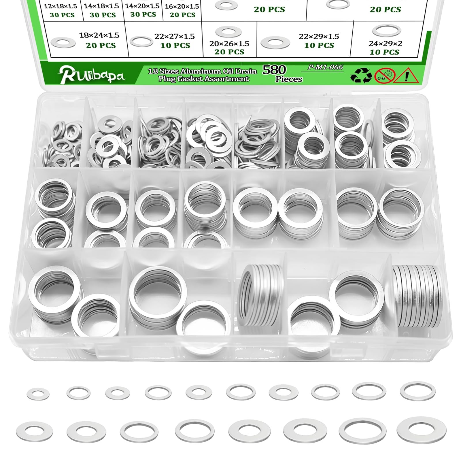 Ruibapa 580PCS Oil Drain Plug Crush Washer Kit,18 Sizes 580PCS, Silver