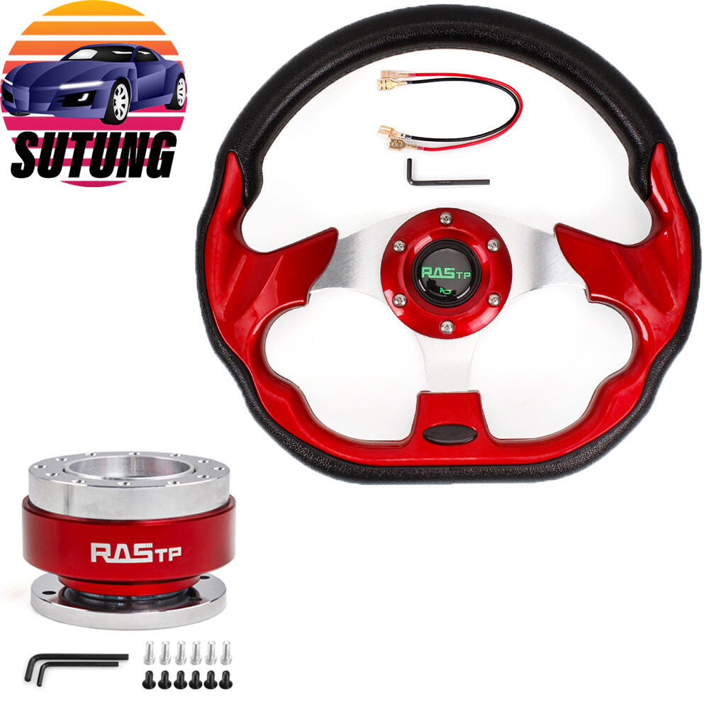 12.5″ Universal Red D Shape Racing Steering Wheel w/ Quick Release Adapter Kit