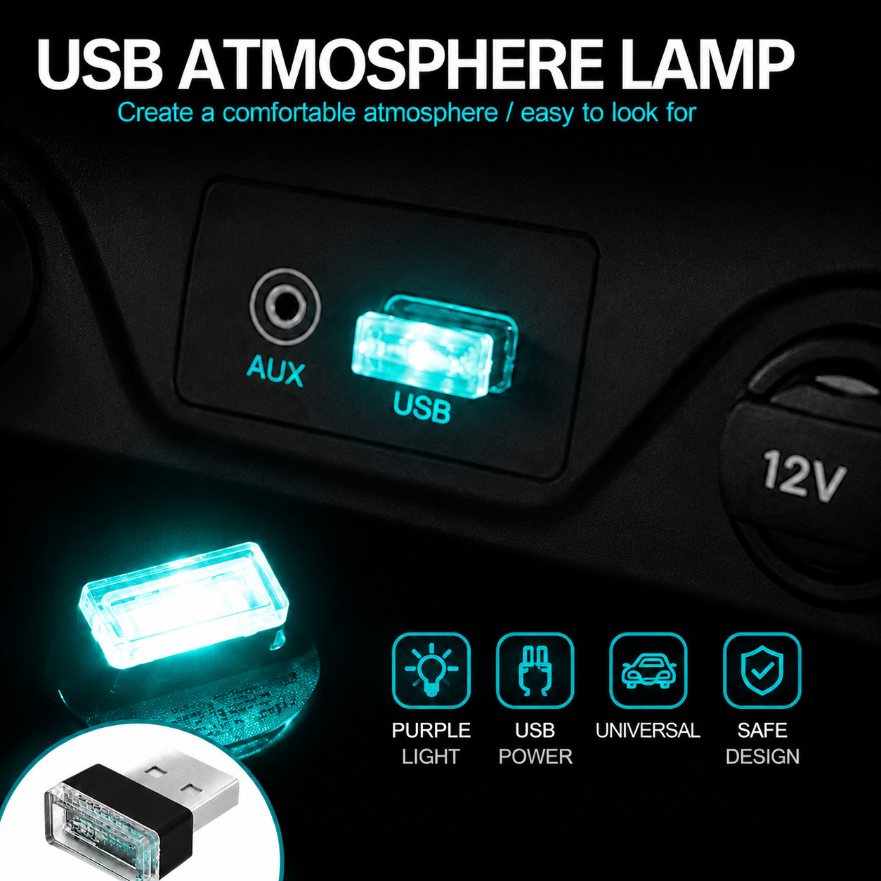 USB Blue Mini USB Car Atmosphere Lights LED Cigarette Lighter Decorative Lights