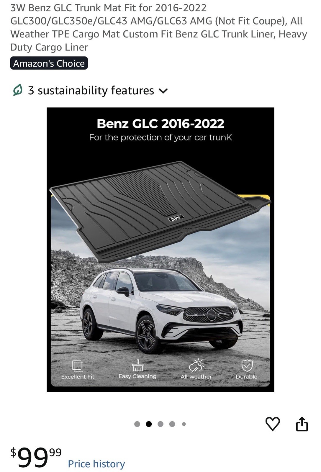 3W Floor Mats Cargo Liner For Mercedes-Benz GLC 2016-2022 All Weather TPE Mat