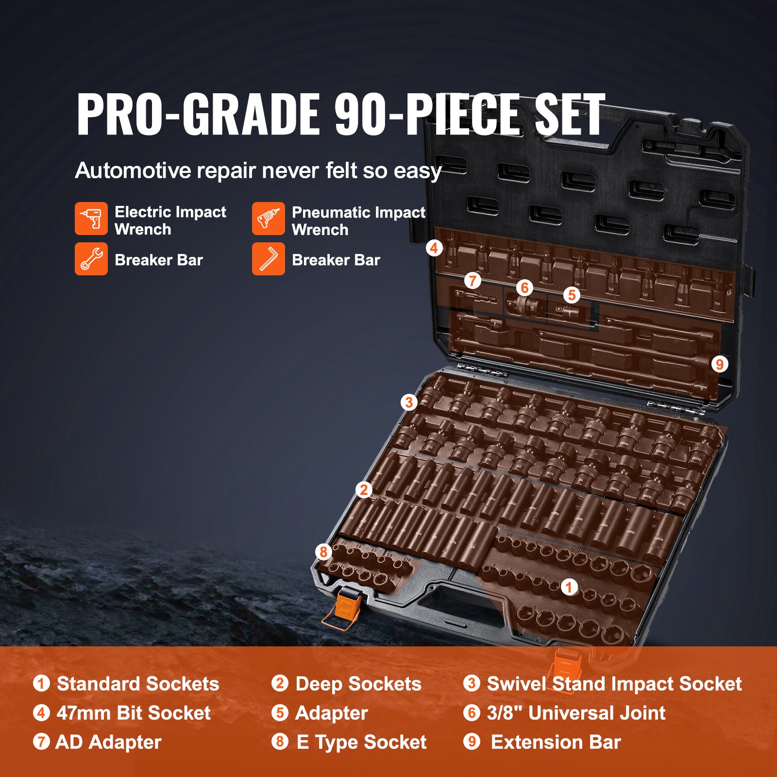 VEVOR Impact Sockets Set 90pcs 6-Point 3/8in Drive Bit Ratchet Tool Kit Case