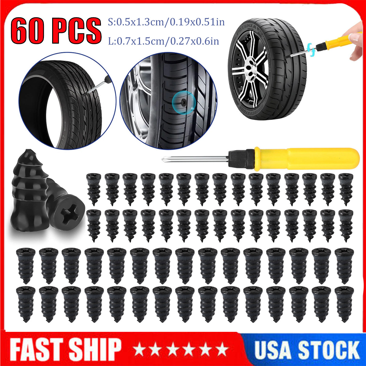 Car Vacuum Tire Repair Nail Rubber Screw Nail Screwdriver Tool Set w/Box (60Pcs)