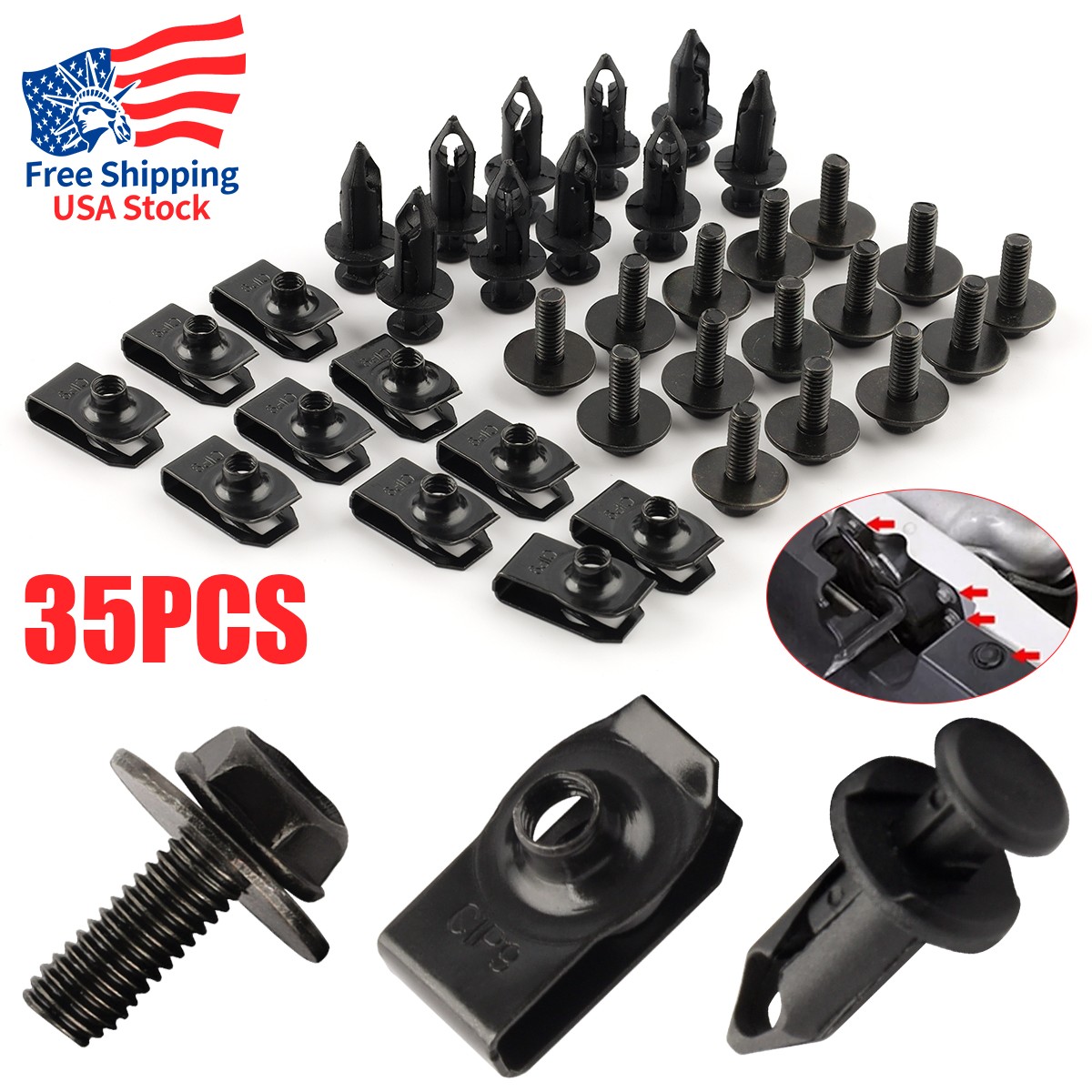 35 Pcs Under Car Shield Fender Liner Bolts w/ Extruded U Nuts Push Retainer Set