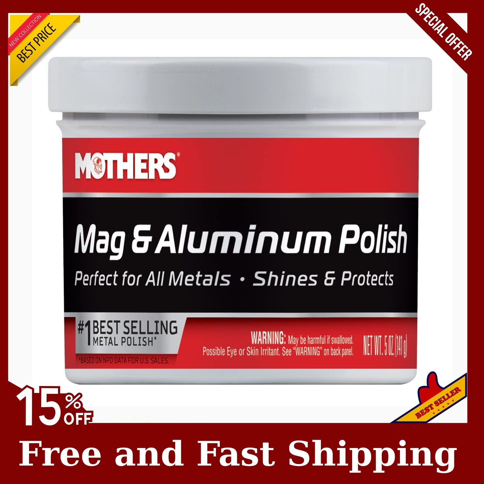 Mothers 05100 Mag & Aluminum Polish, 5 oz. Free Shipping! NEW!