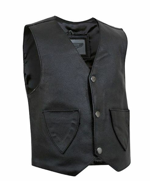 Toddler Kids Plain Leather Vest Snap Closure Top Grade Genuine Black Pockets NEW