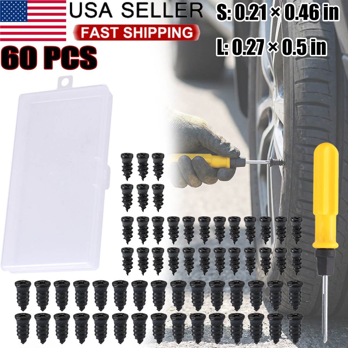 60PCS Car Vacuum Tire Repair Nails Rubber Screw Nail + Screwdriver Fast Tool Set