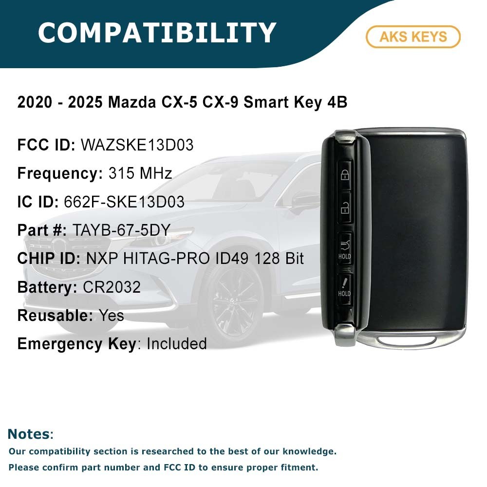 Replacement for Mazda CX-5 CX-9 Smart Key 4B Hatch Fob WAZSKE13D03 TAYB-67-5DY