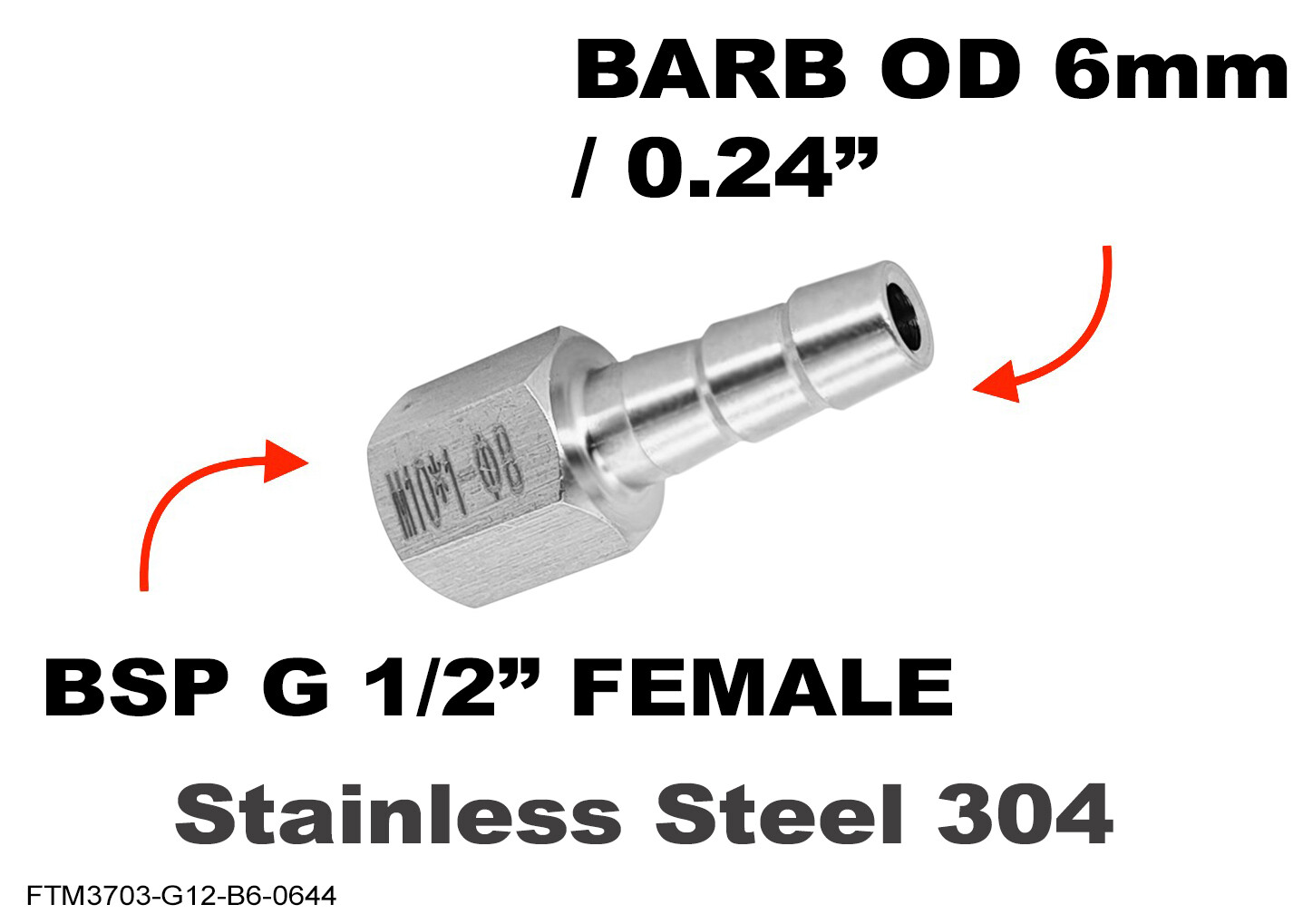 BSP G 1/2″ FEMALE to BARB OD 6mm / 0.24″ Stainless Tail Adaptor Hose Connector