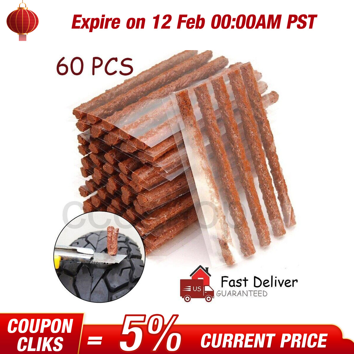 60PCS Tire Repair Plugs Tubeless Seal Patch Tyre Rubber Strips Self Vulcanizing