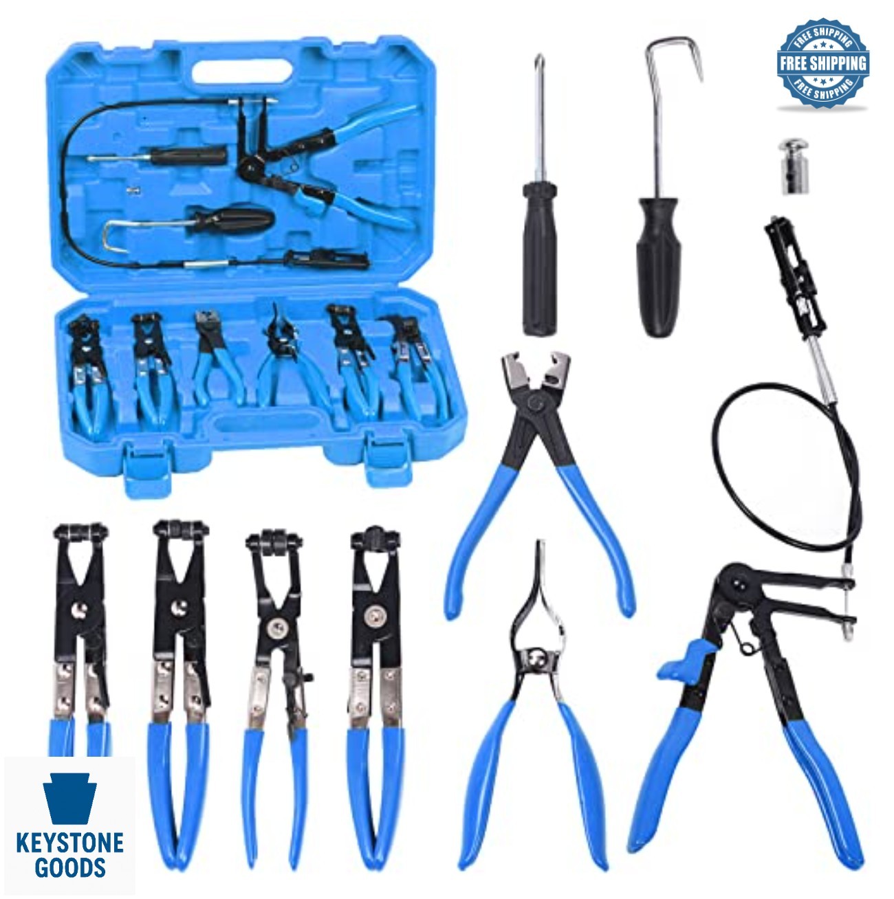 Hose Clamp Pliers Set 9 Piece Blue Flexible Long Reach Spring Clip Remover Kit
