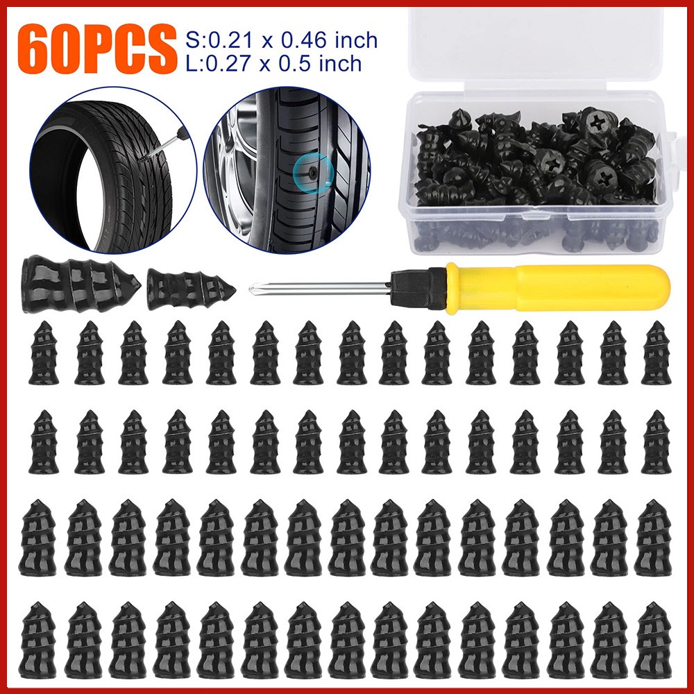 60PCS Car Vacuum Tire Repair Nail Rubber Screw Nails+Screwdriver Tool Set w/ Box