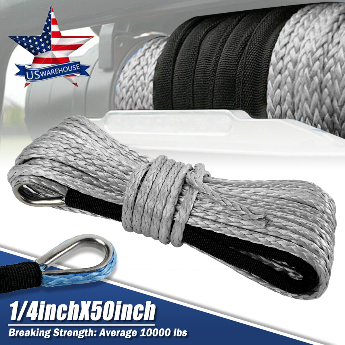 1/4″x50′ 10000LBS Synthetic Winch Rope Line Grey Recovery Cable 4WD ATV UTV
