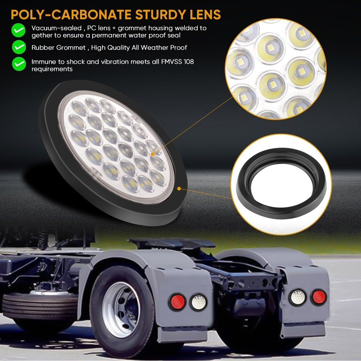 2Pcs 4 Inch Round 24 LED Reverse Backup Tail Lights Trailer Truck 24V Lamp White