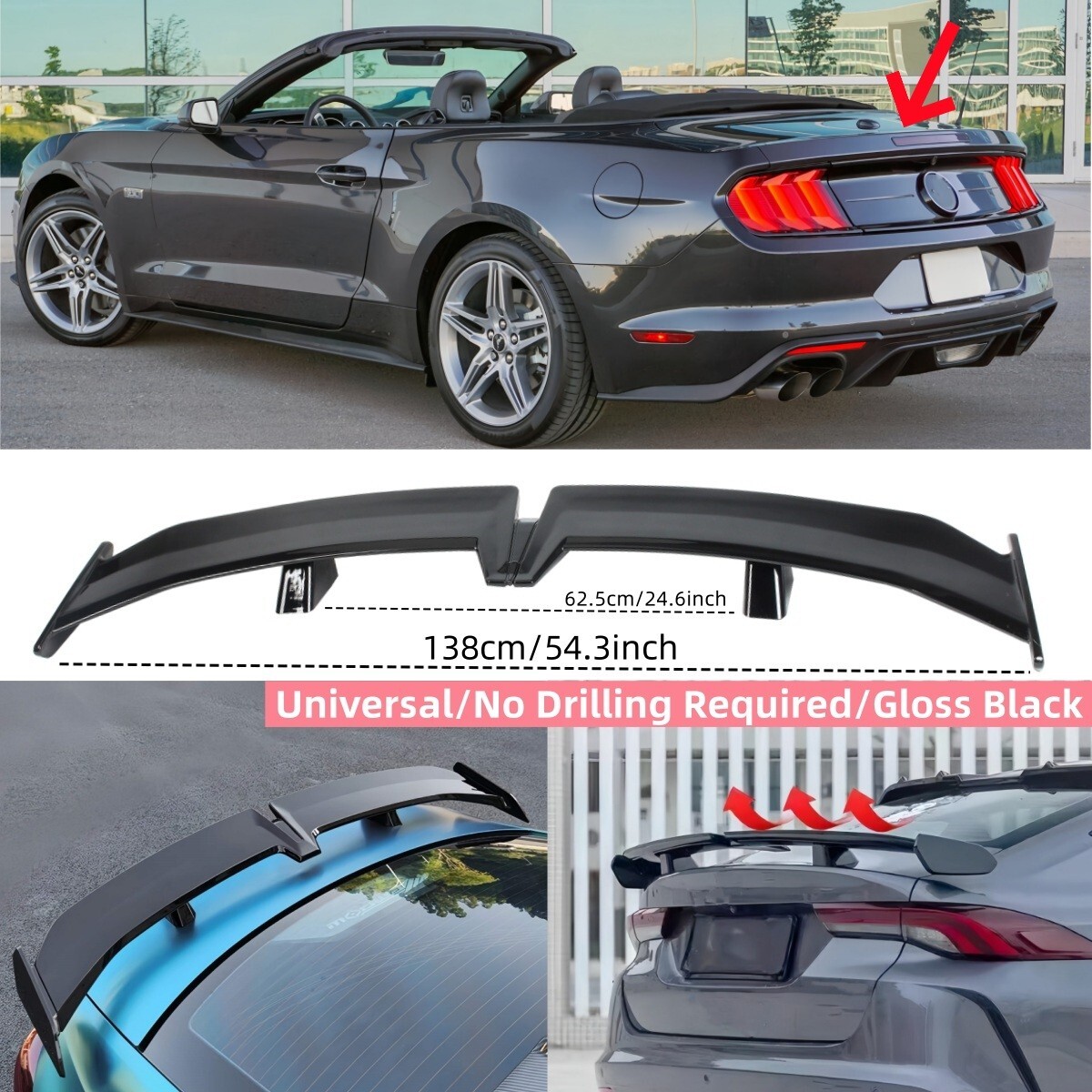 UNIVERSAL TRUNK LID SPOILER PRO STYLE FIT FOR FORD MUSTANG CONVERTIBLE 2015-2023