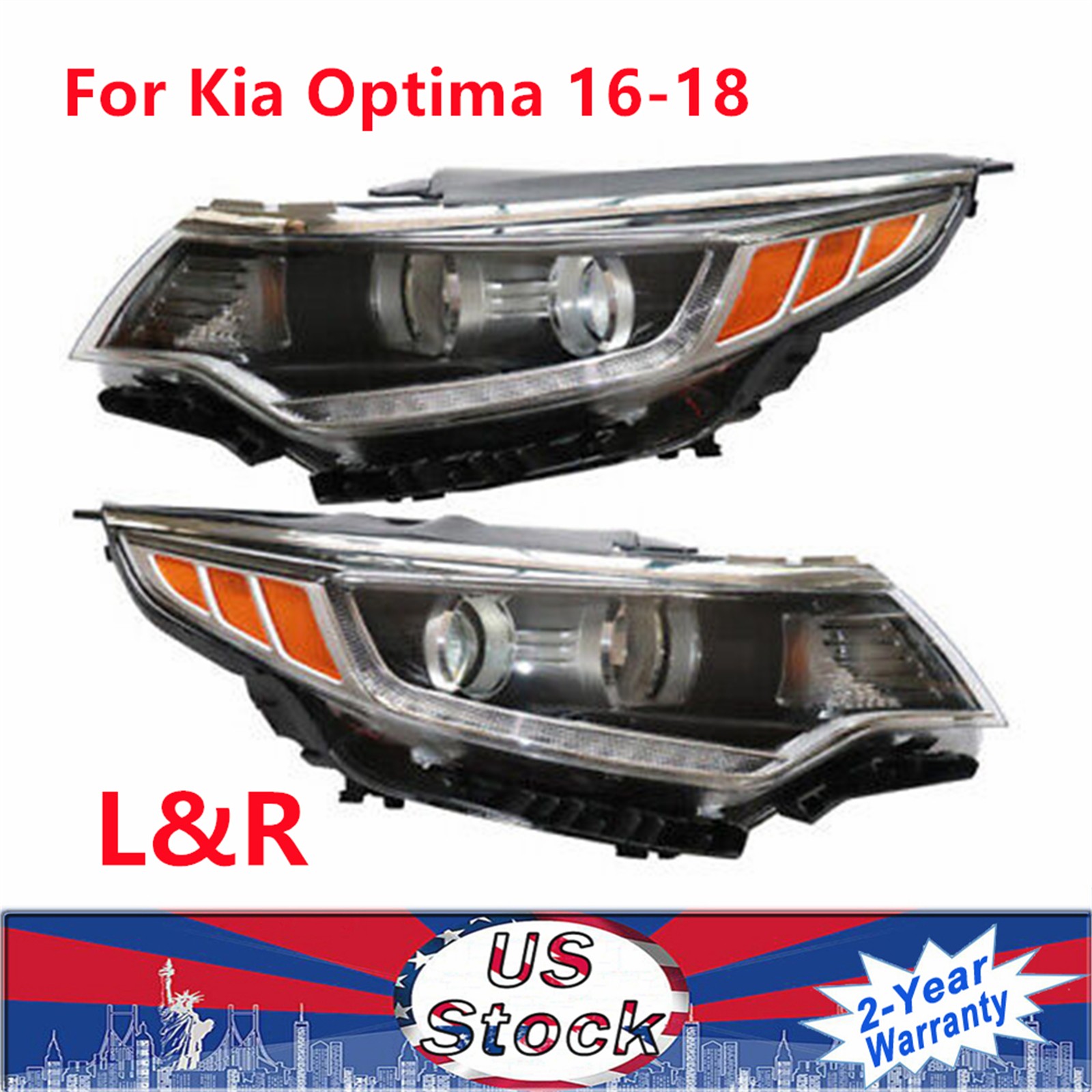Left And Right Side Projector Headlight For 2016 2017 2018 Kia Optima W/ LED