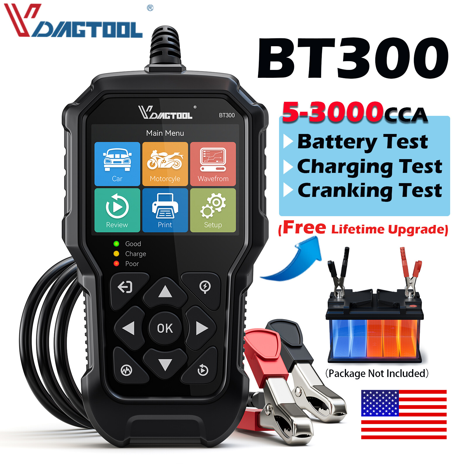 2.8” BT300 Car Battery Tester Analyzer Cranking Charging Test 12V 24V 5~3000CCA