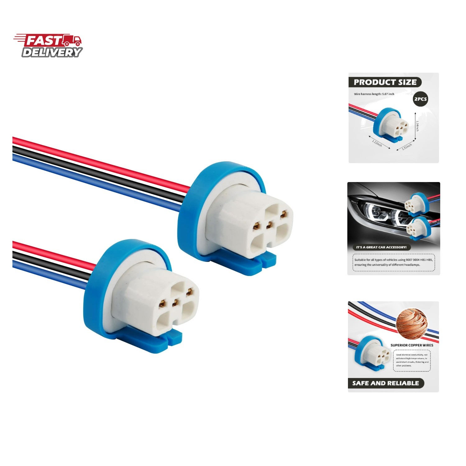 2PCS Headlight Wiring Harness,9007 9004 HB1 HB5 3 Pin Ceramic Headlight Conne…