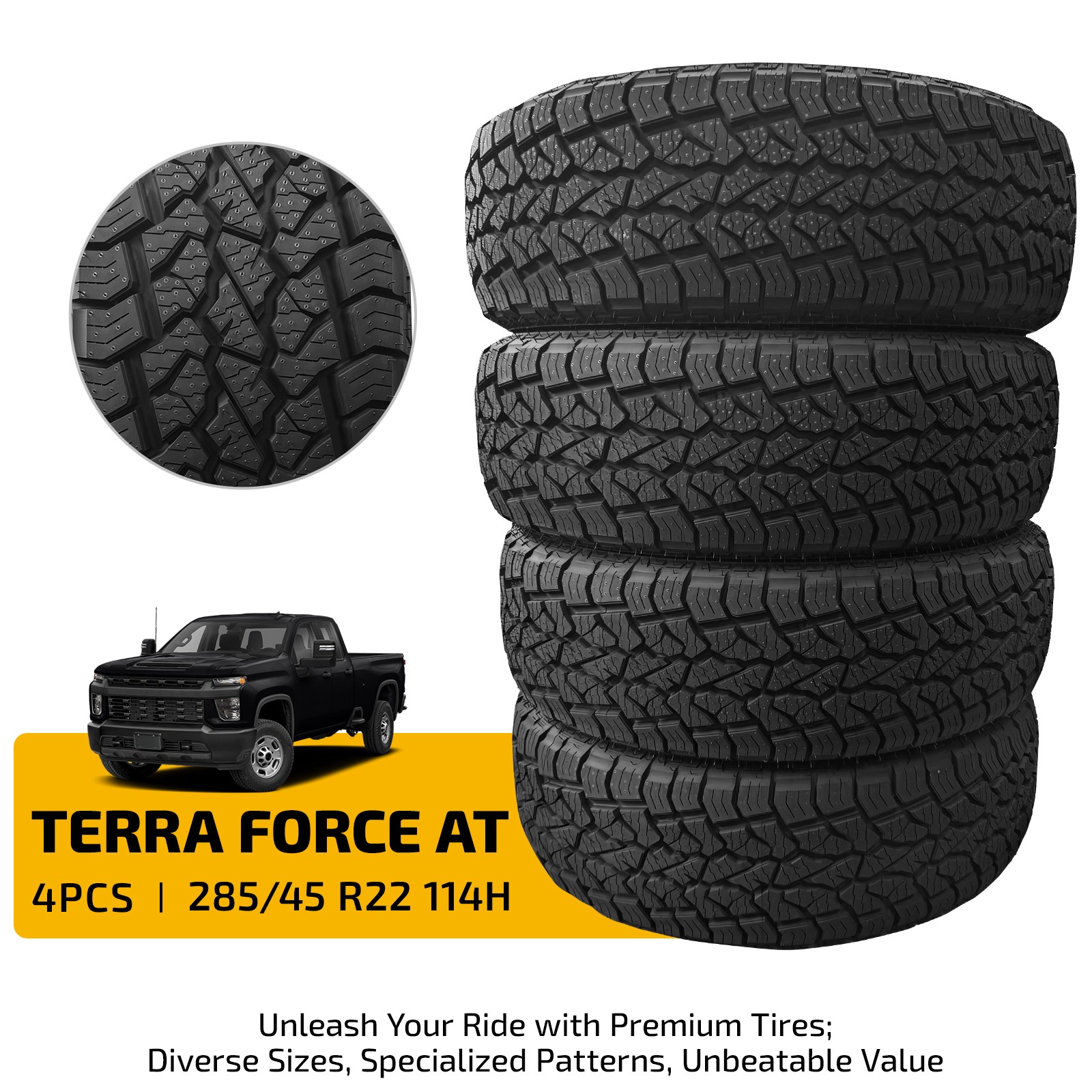 Set of 4 285/45R22 114H All-Terrain Tires M+S All-Season Wet Grip Quiet SUV