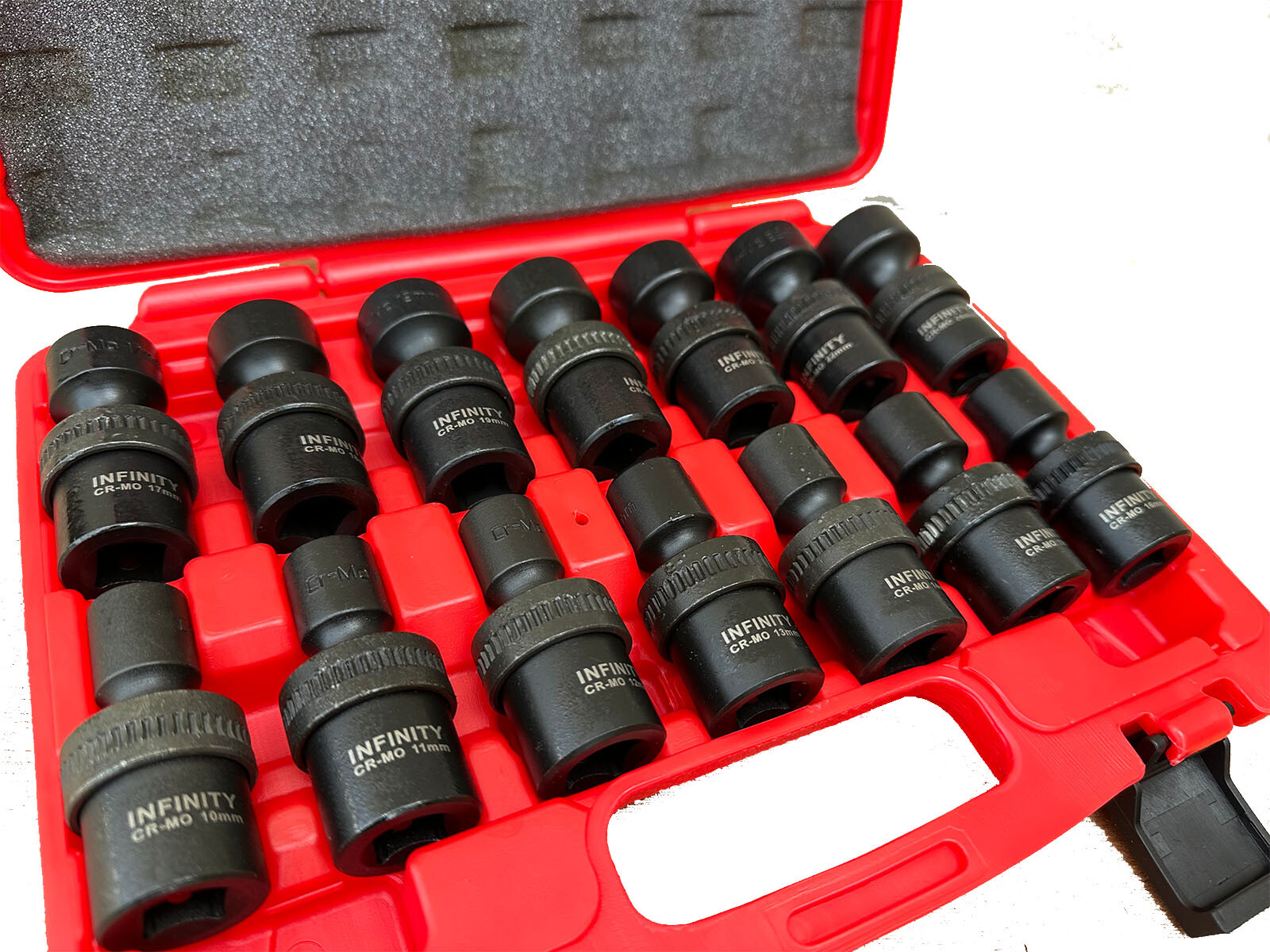 1 /2″ Dr. 14pc 10-24mm 6pts Cr-MO Swivel Shallow Universal Impact Socket Set