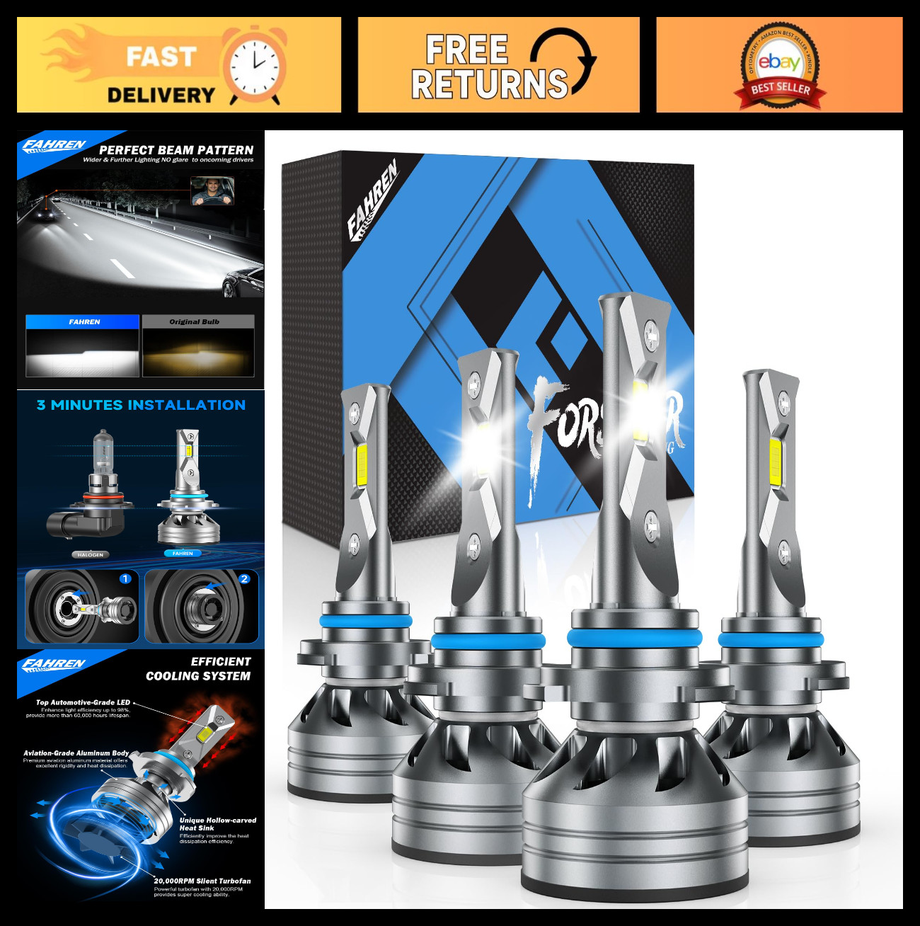 Ultra-Bright 120000LM 6500K LED Driving Light Bulbs, Easy Install HB3 HB4, Pack