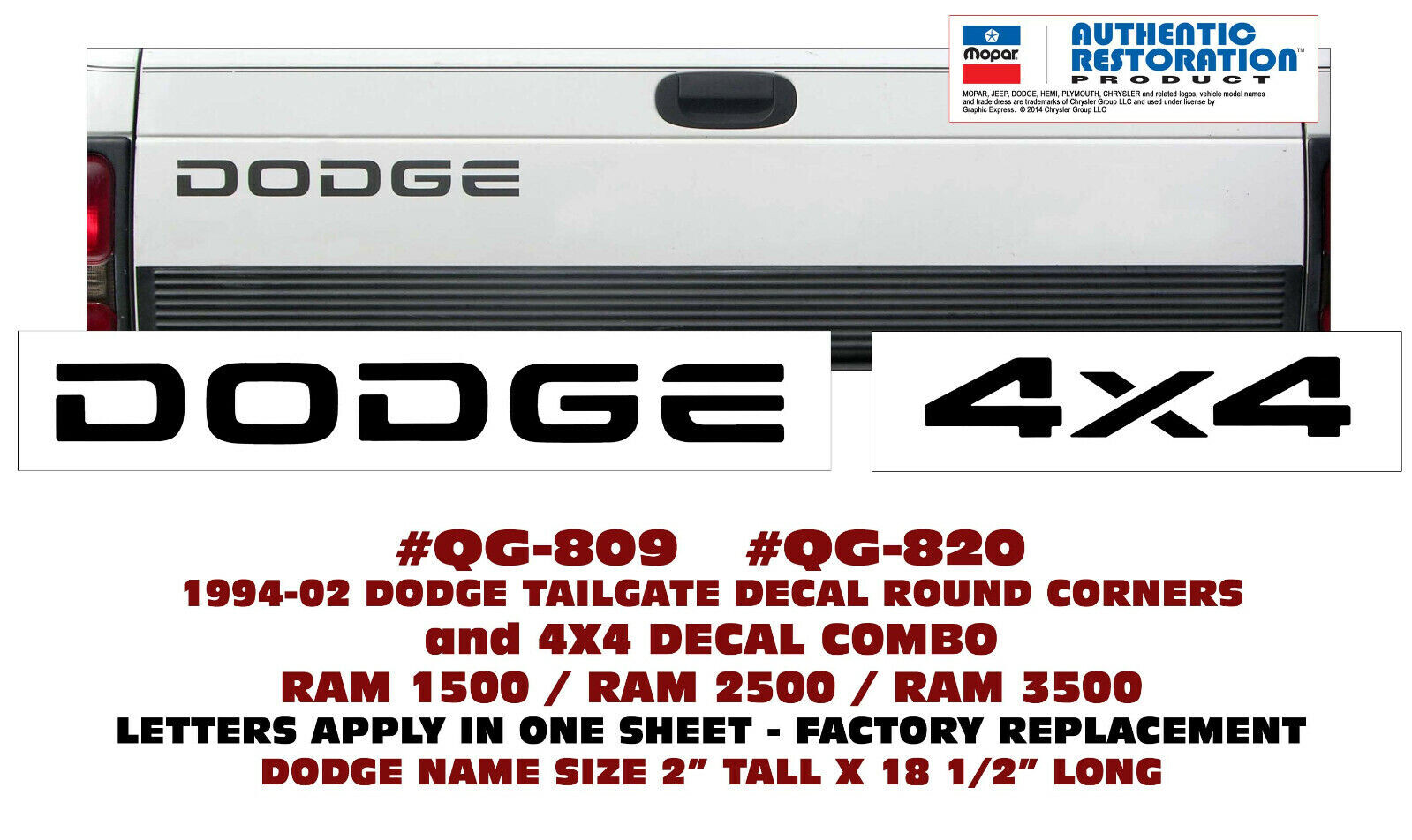 QG-809 & QG-820 1994 1996 1998 2000 2001 2002 DODGE RAM – DODGE & 4X4 DECALS