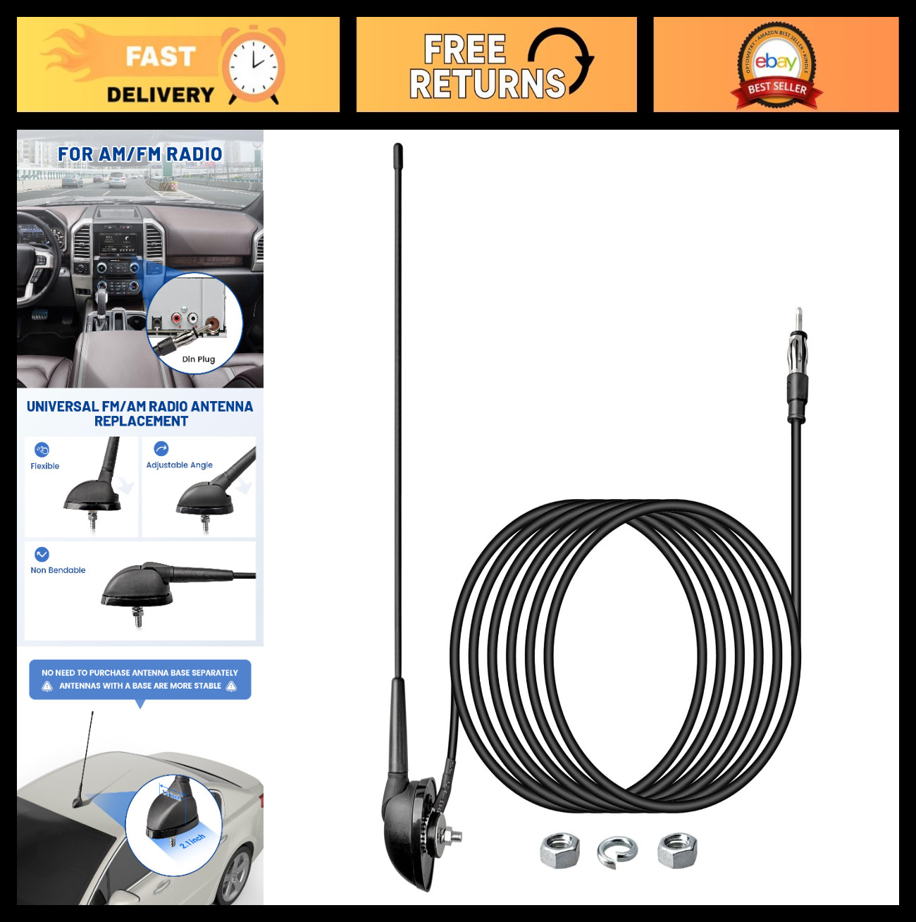 16″ AM/FM Universal Vehicle Antenna for Truck Boat ATV UTV RV Motorcycle – Repla
