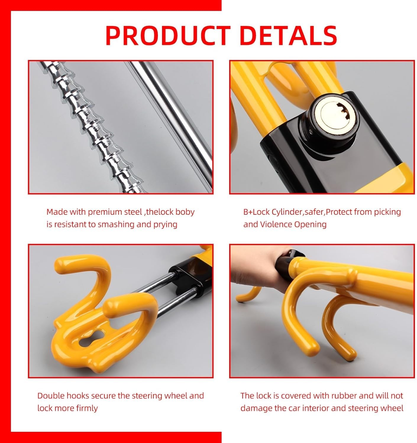 NOEAIKE HEAVY DUTY STEERING WHEEL LOCK ANIT-THEFT CAR DEVICE DOUBLE HOOKS YELLOW